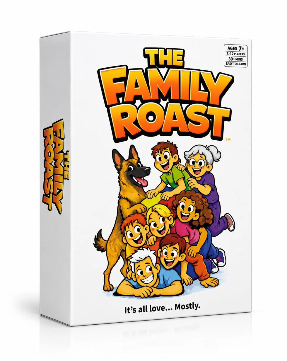 The Family Roast game box — a cartoon family and their dog piled together on the cover.