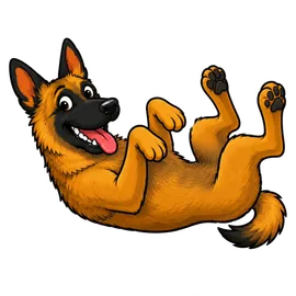 The Family Roast Belgian Malinois mascot collapsed dramatically belly-up