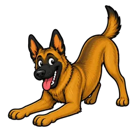 The Family Roast Belgian Malinois mascot in a playful bow, ready to play