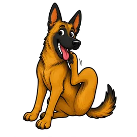 The Family Roast Belgian Malinois mascot scratching an ear, pondering a question