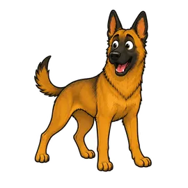 The Family Roast Belgian Malinois mascot standing alert, watching everything