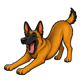 The Family Roast Belgian Malinois mascot stretching with suspiciously innocent energy