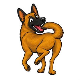 The Family Roast Belgian Malinois mascot chasing its tail in a circle of chaos