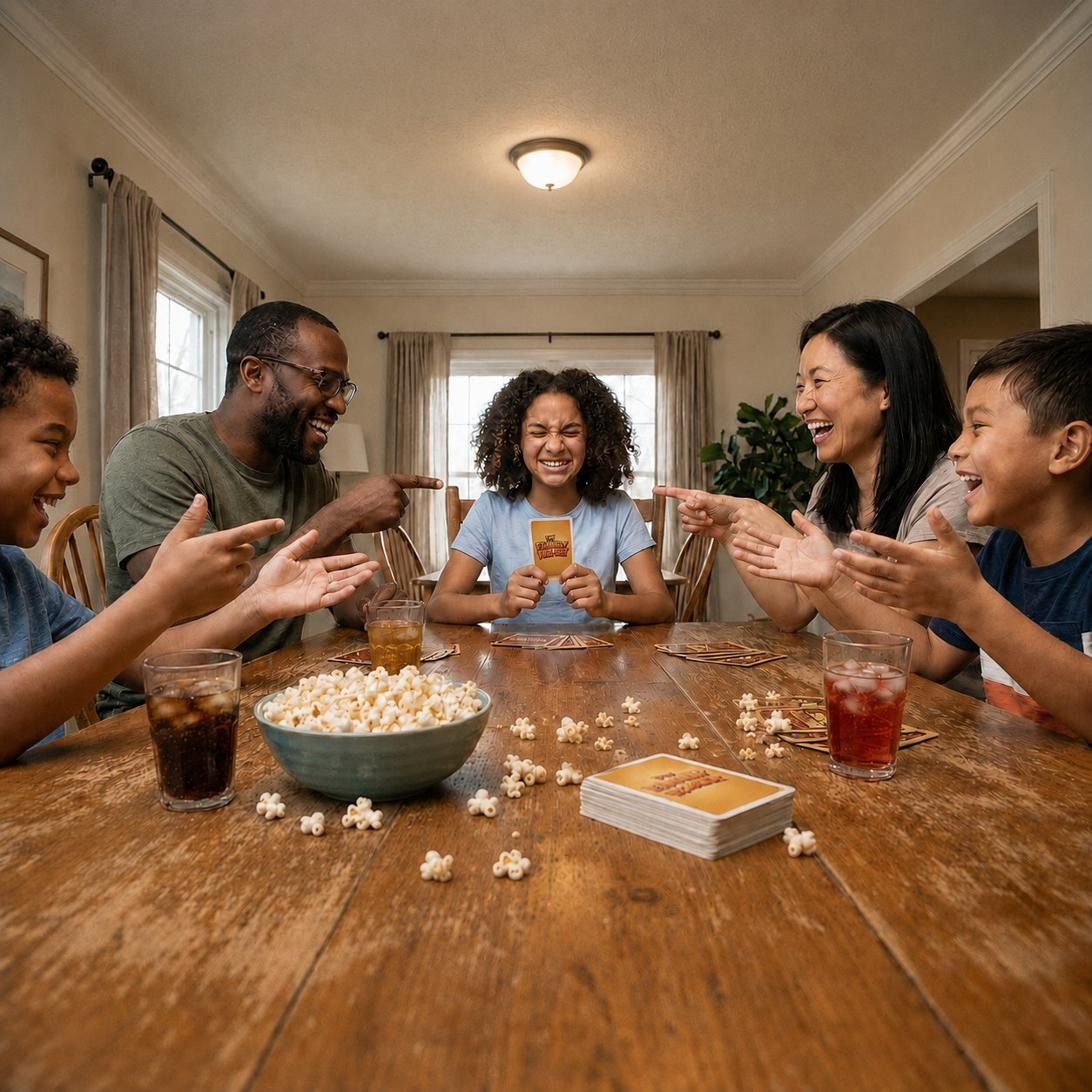 A family around the table laughing and pointing during a round of The Family Roast.
