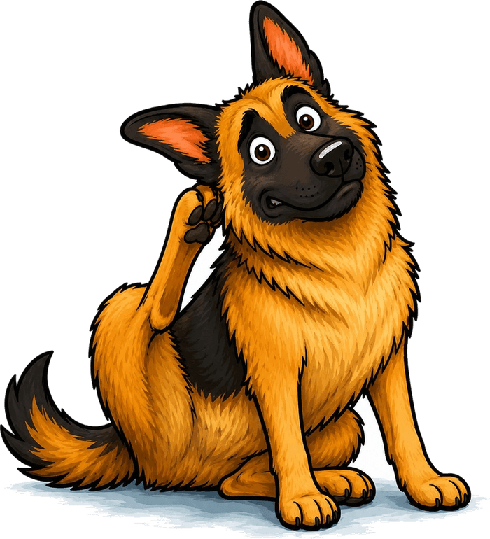 The Family Roast dog mascot, head tilted, scratching his ear.